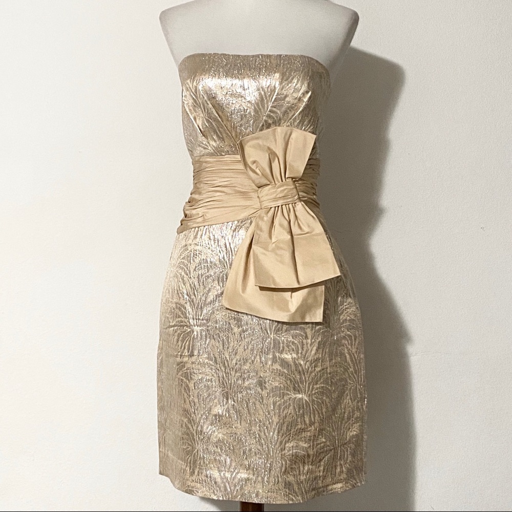 BCBGMAXAZRIA Gold Bow Strapless Dress